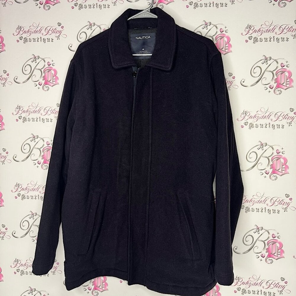 Nautica Men's darj navy blue Jacket pea coat zip up with buttons wool warm